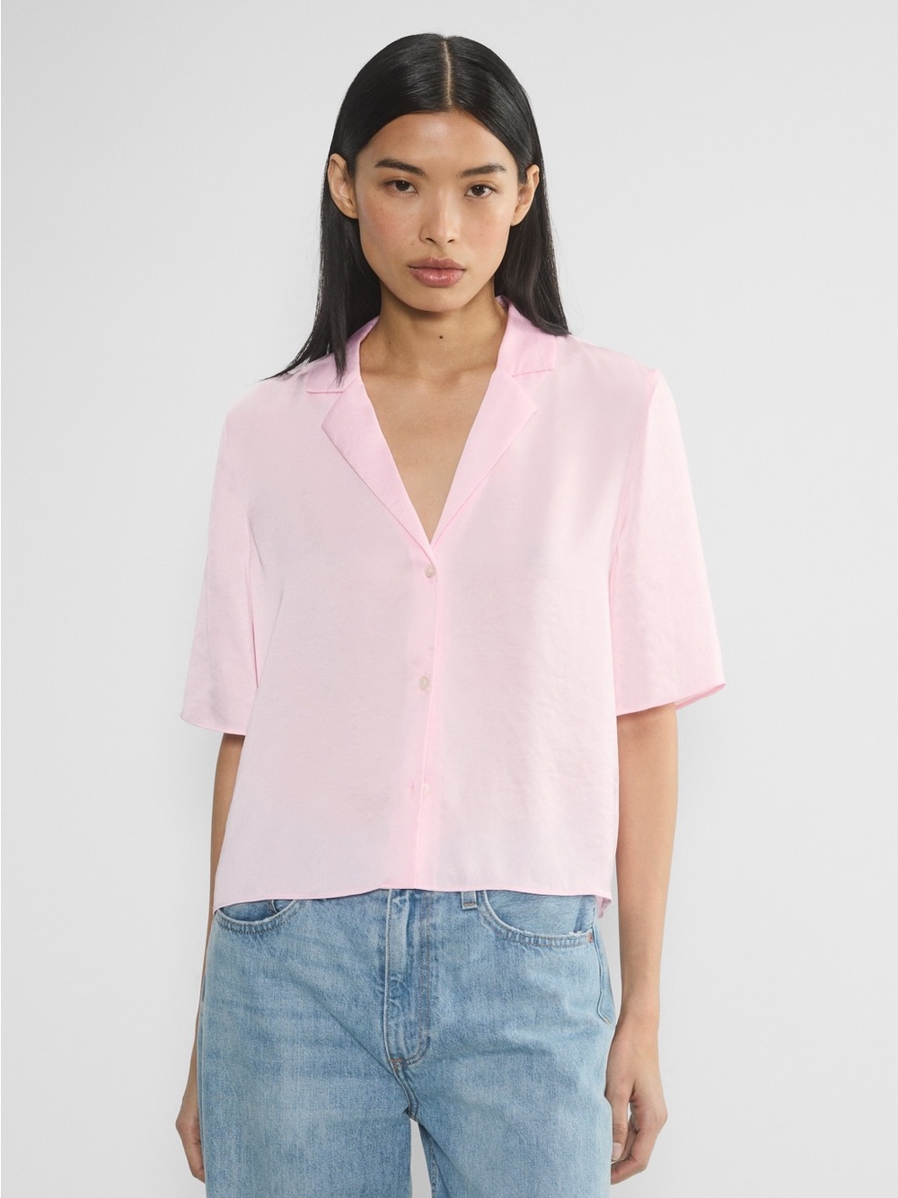Aritzia Wilfred Beso Silky Pink Short-Sleeve Button Front Top